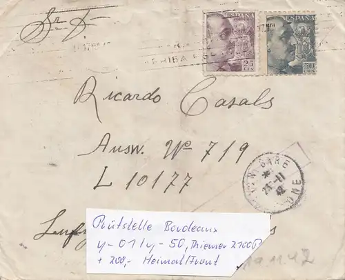 Spanien:1942 Brief an Luftgaupostamt Paris (L10177), seltener Zensurstempel OKW