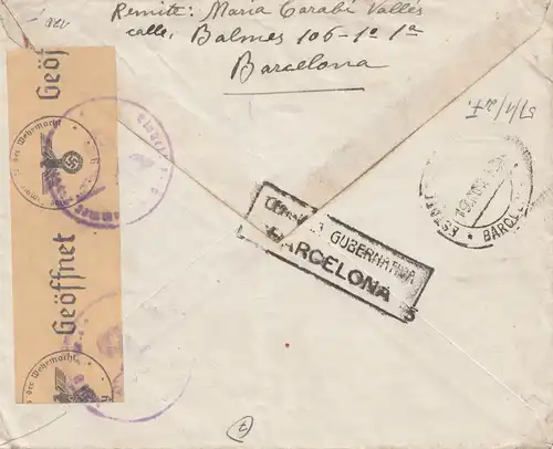 Espagne:1942 Lettre à l'Office du courrier aérien Paris (L10177), rare cachet de censure OKW