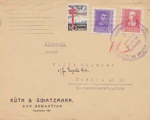 Espagne: 1938: Lettre de San Sebastian à Berlin, censure