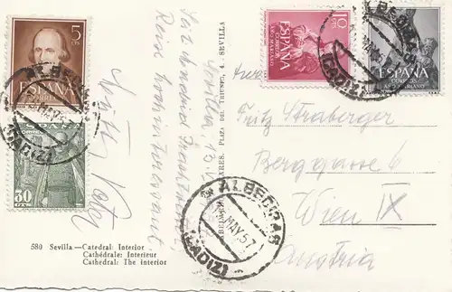 Espagne: 1957: Carte de visite de Séville à Vienne