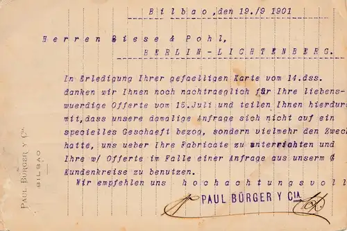 Espagne: 1901: Carte postale Bilbao vers Berlin