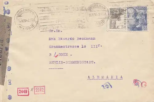 Espagne: 1942: Lettre de Madrid à Berlin, censure