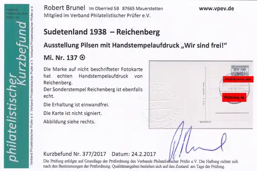 Sudetenland: Reichenberg MiNr. 137, cacheté sur la carte