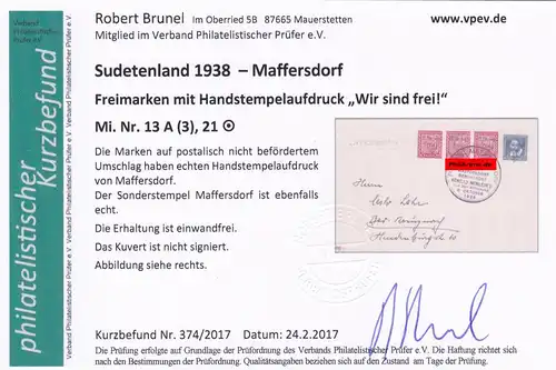 Sudetenland: Maffersdorf, MiNr. 13A, 21, auf Drucksache Brief