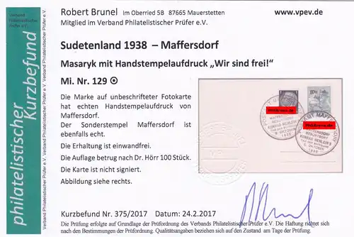 Sudetenland: Maffersdorf, MiNr. 129, gestempelt auf Karte Henlein Geburtshaus