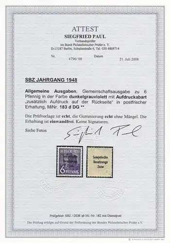 SBZ: MiNr. 183 d DG, postfrisch mit BPP Attest