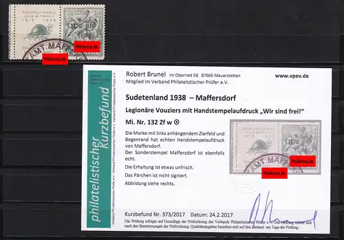 Sudetenland: Maffersdorf MiNr. 132 Zf w, cacheté