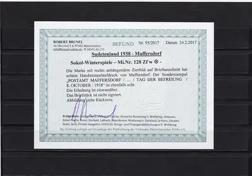 Sudetenland: Maffersdorf MiNr. 128 Zf w, cacheté