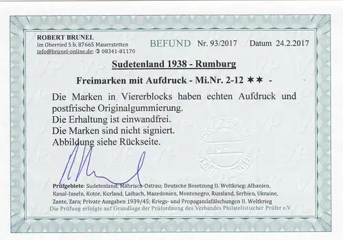 Sudetenland: Rumburg: MiNr. 2-12, **, Viererblocks