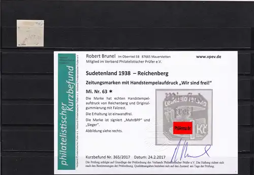 Sudetenland: Zeitungsmarken: Reichenberg, MiNr. 63*