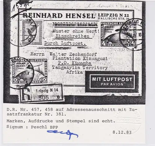 Deutsches Reich: MiNr. 457, 458 auf Adressausschnitt, BPP Signatur