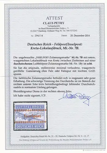 Feldpost: Inselpost Kreta-Lokalaufdruck; MiNr. 7B, **, BPP Attest