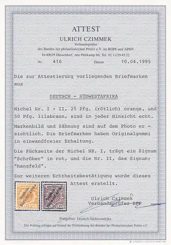 DSWA: MiNr. I et II, post-fraîchissement impeccable, BPP Attest