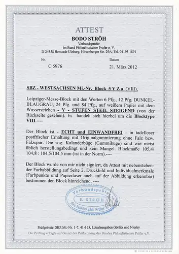 SBZ - Saxe-Occidental MiNr. Block 5 Y Za (VIII), post-fraîchissement, BPP Attest