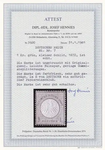 Deutsches Reich: MiNr. 7, kleiner Schild, *, BPP Attest