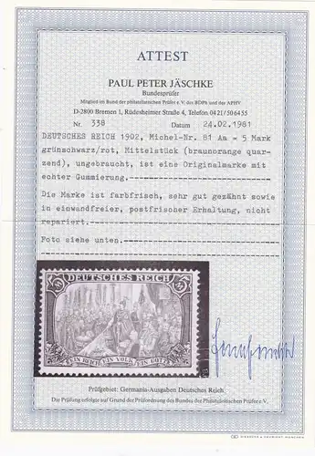 Deutsches Reich: MiNr. 81 Aa, *, BPP Attest