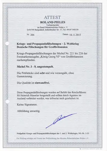 Propagandafälschung: MiNr. 3-8, *, BPP Attest