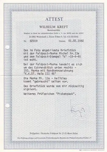 Feldpost: MiNr. 13 a, gestempelt, Eckrandstück, BPP Attest