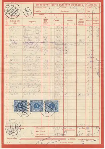 Tschecheslowakei: 1937: Klatovy, Dorucovaci karta ickovych poukazck