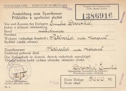 République tchèque: 1945: Caisse des chèques postaux, enregistrement Petrvald