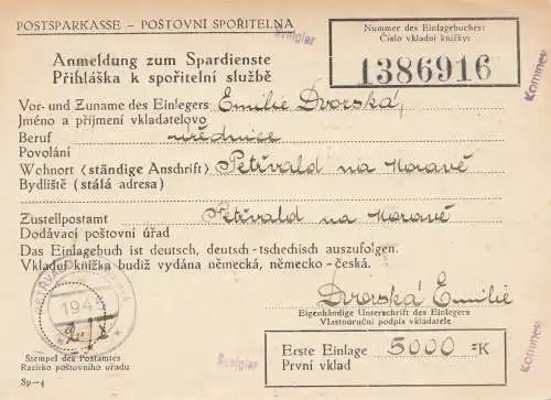 Tschecheslowakei: 1945: Postsparkasse, Anmeldung Petrvald