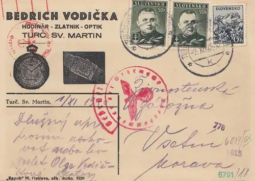 Slowakei: 1940: Postkarte Turc Sv. Martin mit OKW Zensur, Uhren
