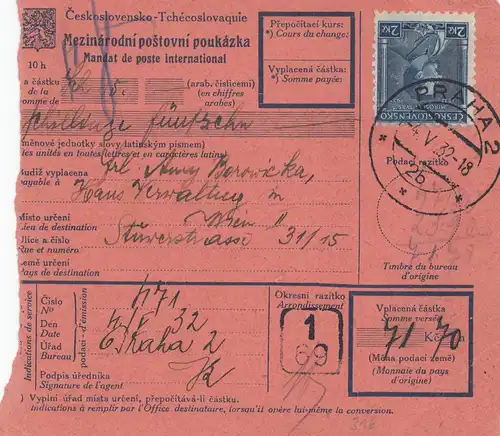 Tschecheslowakei: 1932: Paketkarte Prag nach Wien
