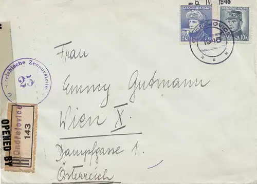 Tschecheslowakei: 1946: Einschreiben Ondrejovice nach Wien, Zensur