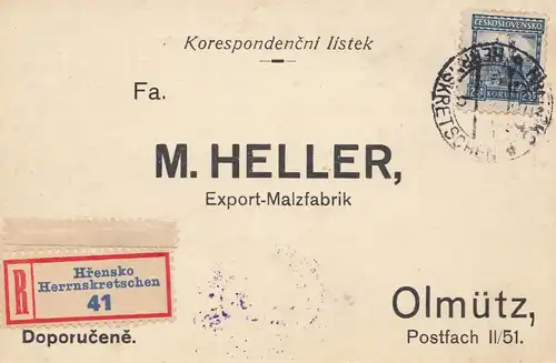Tschecheslowakei: 1930: Einschreiben Herrnskretschen nach Olmütz