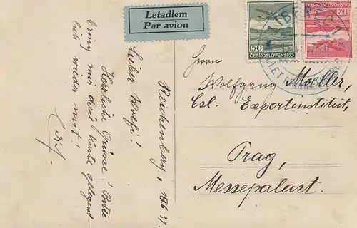 République tchèque: 1937: Carte de vue de Richeenberg à Prague, premier jour