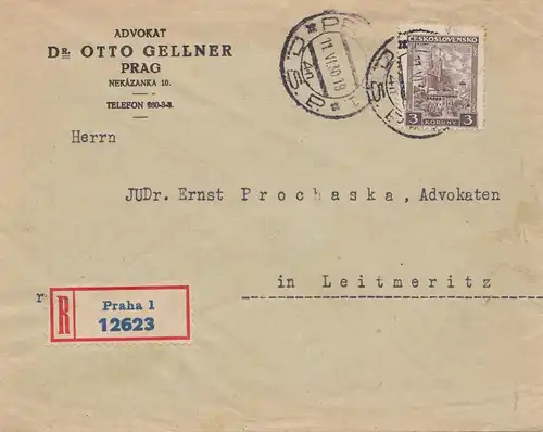 République tchèque: 1930: Lettre recommandé Prague d'après Leitmeritz