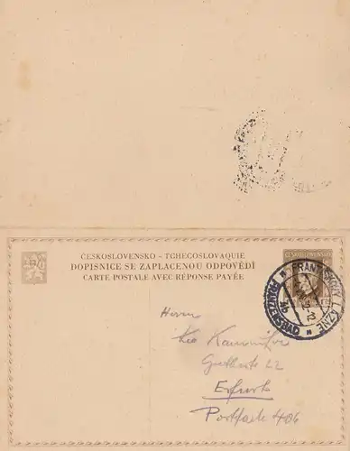 Tschecheslowakei: 1932: Ganzsache nach Erfurt P44 F/A