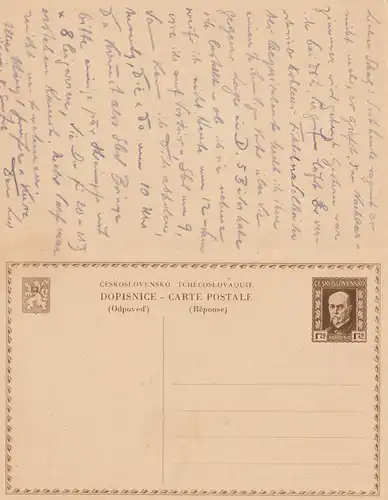 Tschecheslowakei: 1932: Ganzsache nach Erfurt P44 F/A