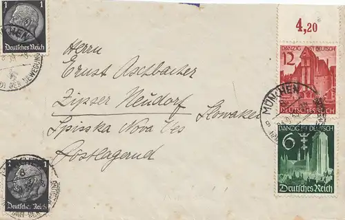Tschecheslowakei: 1939: Brief aus München nach Spisser, Nachporto