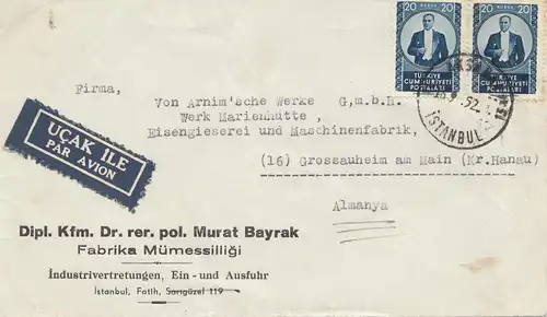 Türkei: 1952: Luftpost Istanbul nach Grossauheim