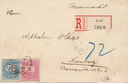 Ungarn: 1891: Einschreiben Arad nach Nürnberg