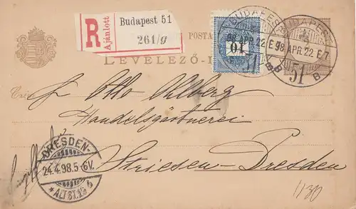 Hongrie: 1922: Inscription à Budapest - Entier à Dresde