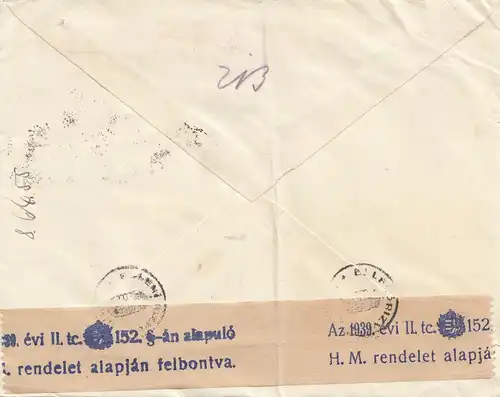 Hongrie: 1942: Lettre de Budapest à Frauenfeld/Suisse, censure
