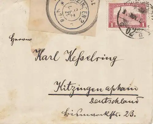 Ungarn: 1921: Brief nach Kitzingen, Postamt Öffnung