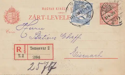 Ungarn: 1914: Ganzsache Einschreiben Temesvar nach Eisenach
