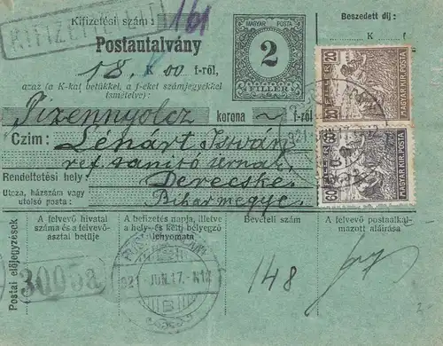Hongrie: 1921: Carte de colis, tout ce qui est arrivé à Debreceni