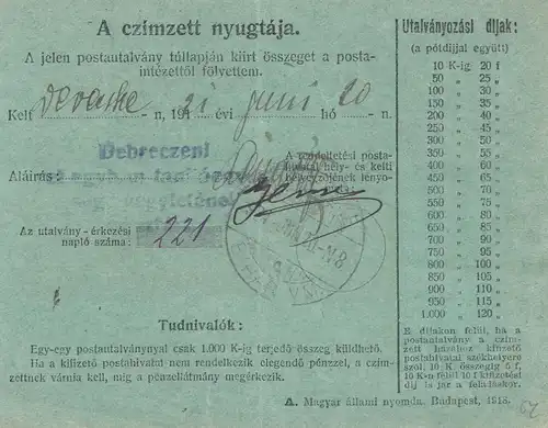 Hongrie: 1921: Carte de colis, tout ce qui est arrivé à Debreceni
