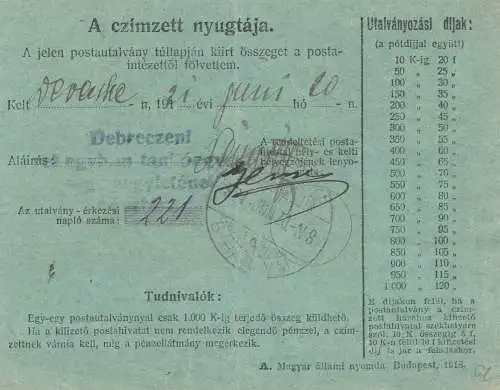 Ungarn: 1921: Paketkarte, Ganzsache nach Debreceni