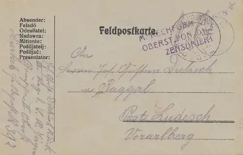 Ungarn: 1917: Feldpostkarte, Zensur nach Vorarlberg