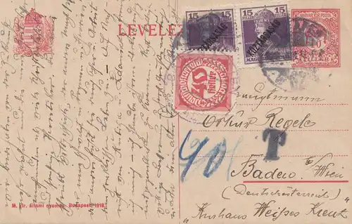 Ungarn: 1920: Ganzsache nach Wien, Taxe