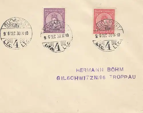 Hongrie: 1930: Lettre de Budapest à Troppau, FDC