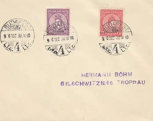 Ungarn: 1930: Brief von Budapest nach Troppau, FDC