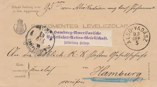 Ungarn: 1893: Hamburg-Amerikanische Packetfahrt AG Also-Vadasz nach Hamburg