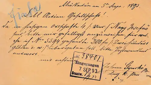 Hongrie: 1893: Hamburg-Américain Packetfahrt AG Also-Vadasz vers Hambourg