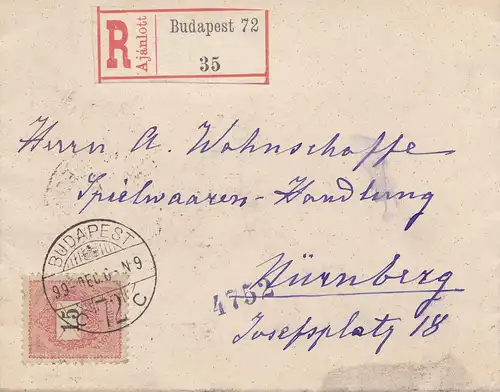 1899: Einschreiben Budapest nach Nürnberg